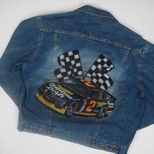 Men's Blue Denim Jacket with Racing Car Design